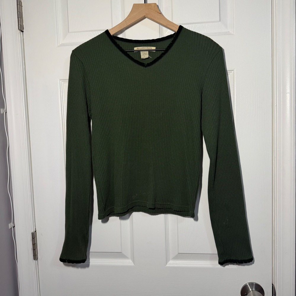 vintage Abercrombie & Fitch Green Ribbed Long Sleeve Top Velvet Trim Large